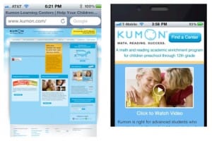 Kumon's mobile landing page compared to the desktop version