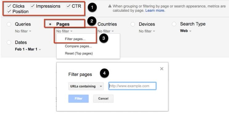 Google Search Console - Filter by Pages